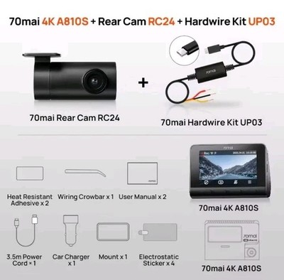 70mai A810S 4K Dash Cam GPS ADAS,24H Parking,Voice DVR Car Camera+Rear+UP03+128G