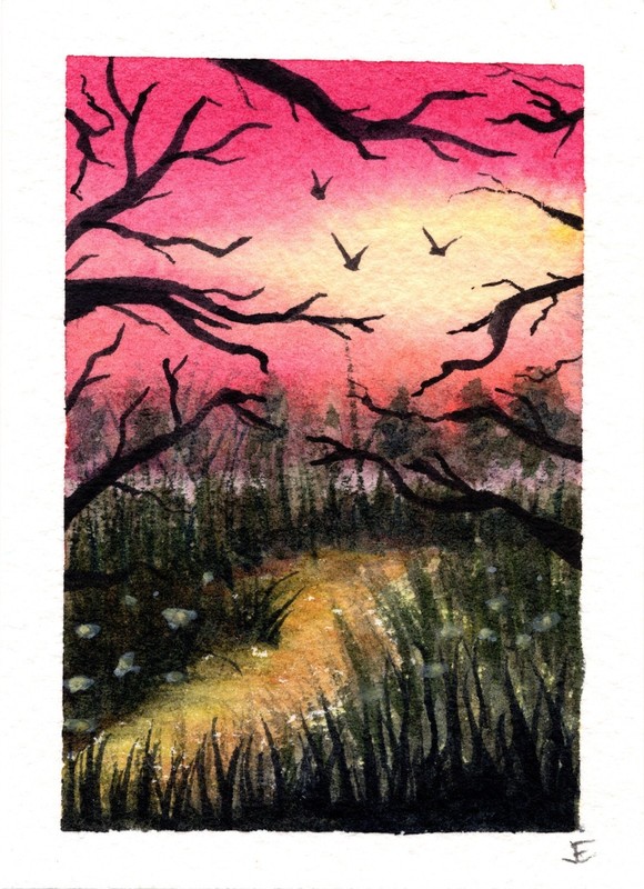 ACEO Original Watercolor Trees Forest Nature Grass Path Birds Sunset Pink & Gold