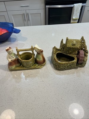 Lot Of Two Vintage Shawnee Pottery Planters wishing Well & cottage Water Wheel