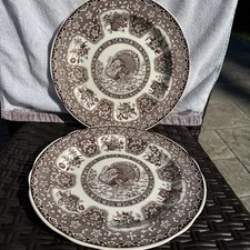 Spode Festival Brown Turkey Thanksgiving 2 Dinner Plates 10.5’ NM Fast Ship