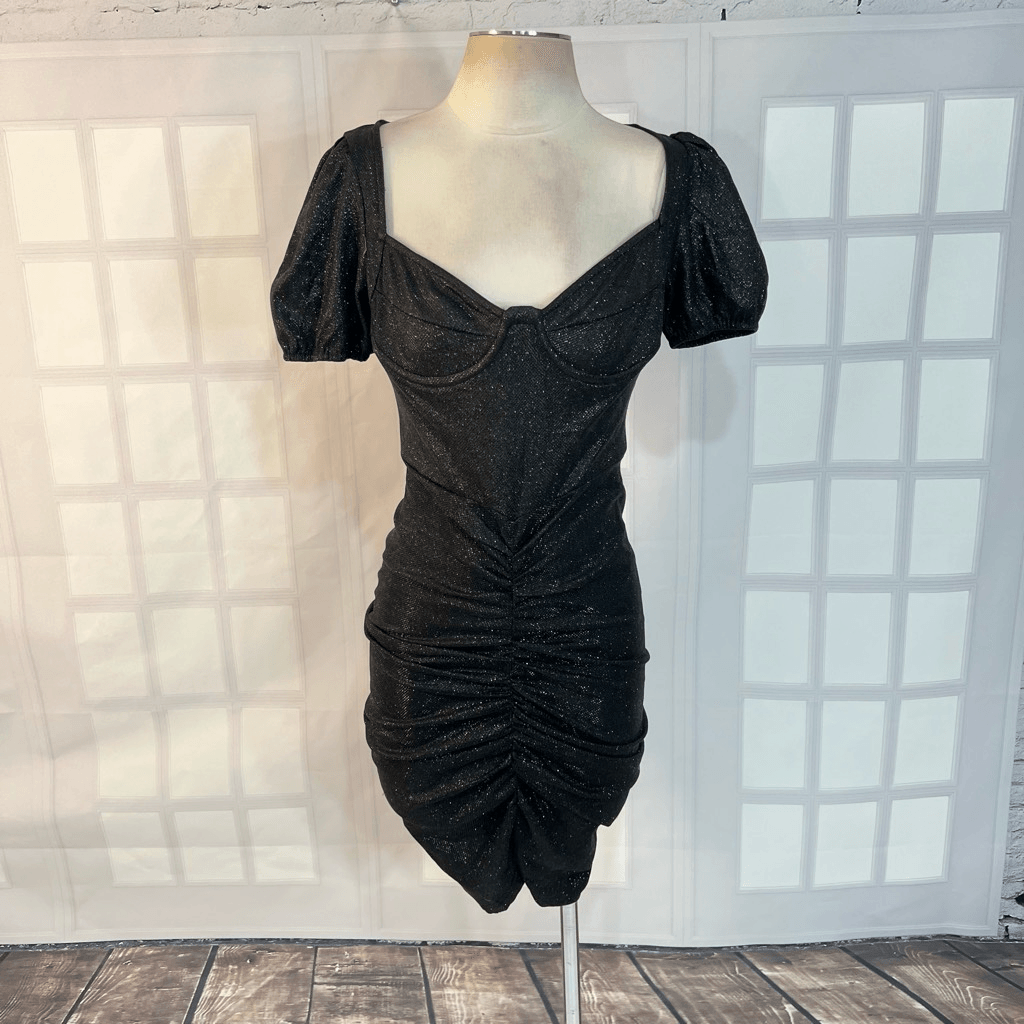 black textured glitter ruched puff sleeve cup detail bodycon dress