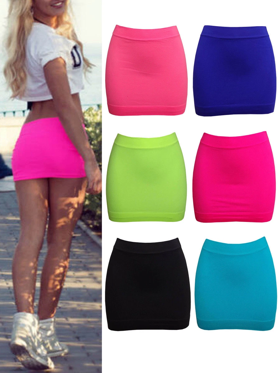 WOMENS MINI SKIRT NEON LYCRA STRETCH LADIES SPANDEX SHORT BOOTY CLUB BODY  SHAPER