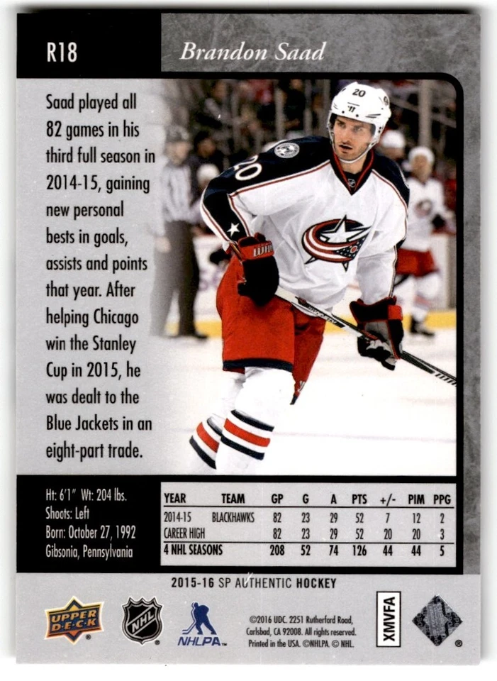 2015-16 SP Authentic 1995-96 Retro Brandon Saad #R18 Columbus Blue Jackets - Image 2 of 2