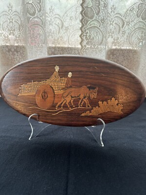 Vintage Carved Asian/Tibetan Wood Plaque, Inlaid Stone, Inlaid Wood