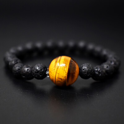 117 Cts Earth Mined Lava & Tiger Eye Round Beads Stretchable Bracelet JK-42E291