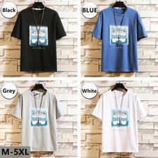 Men Japanese Cartoon Printed T-shirt Loose Tee Breathable Plus Size Summer