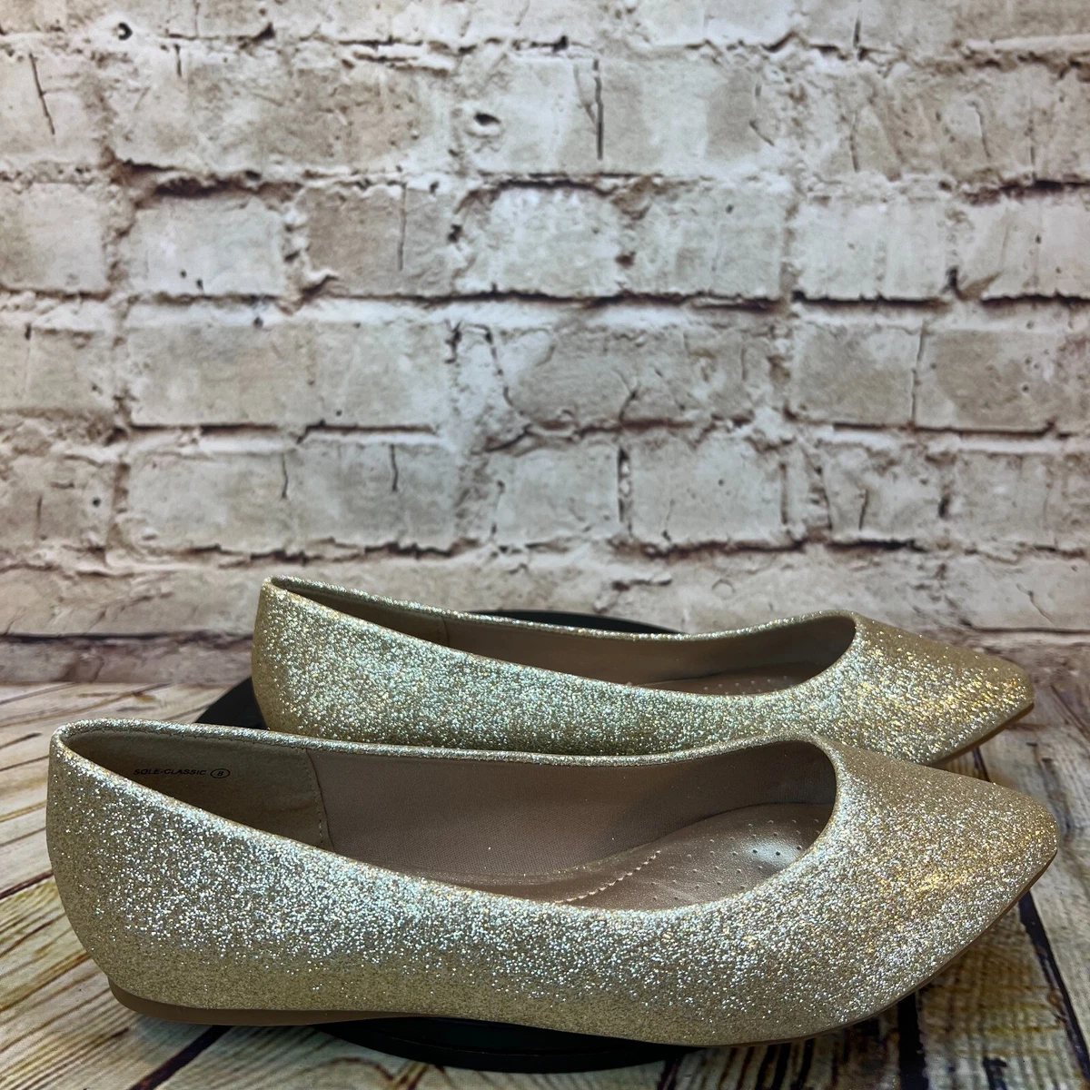 Dream Pairs Metallic Glitter Sparkle Gold Pointed Toe Slip On Ballet Flats Sz 8