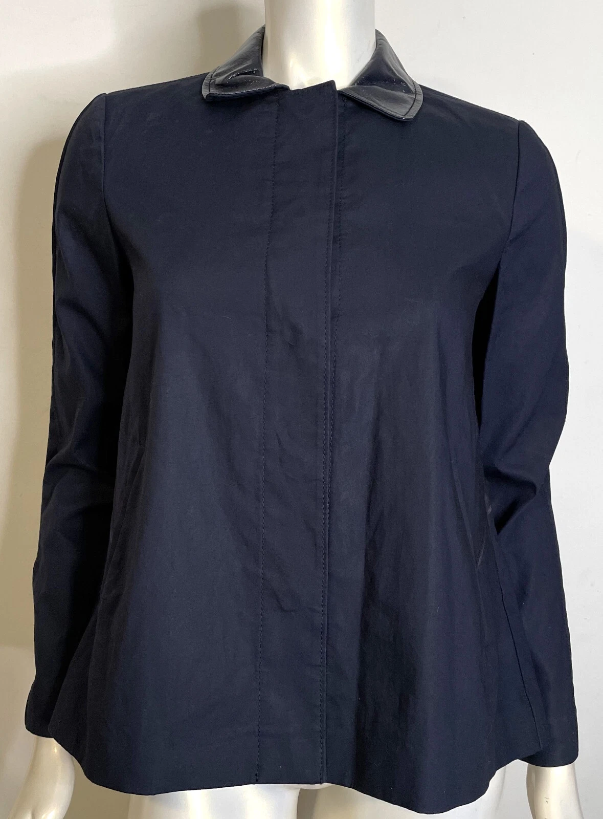 Giacca Tory Burch cotone navy 4 snap davanti LS colletto pelle verniciata