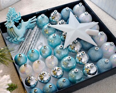 50-teiliges bruchsicheres Luxus Christbaumkugeln Deko Set Silber/Blau/Weiß