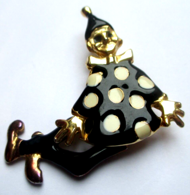 Broche Arlequin/clown Articulé Vintage Couleur Or, émail Noir Et Blanc - Réf. 5026 - Occasion