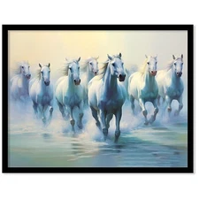 Seven Lucky Running Vastu Horses Wall Art Framed Painting for Living Room