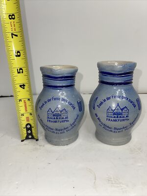 2- 5'' Vintage Hotel Niederrad Blue Jug Pitcher Frankfurt 1/4 Liter