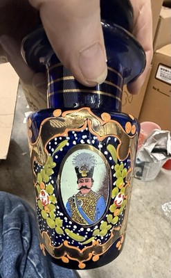 art glass deep blue glass bottle hand painted Persian vintage uniformed man