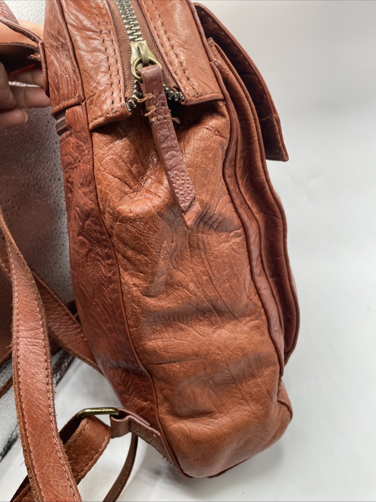 American Leather Co Brown Backpack Embossed Tooled Leather Backpack Purse