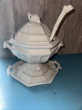 VTG LG Red Cliff White Iron Stone Soup Tureen W/Ladle Grape Pattern Signed