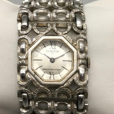 Vintage Clinton Womens Watch 30mm Silver Tone Wide Band Manual Wind Octagon 7.25