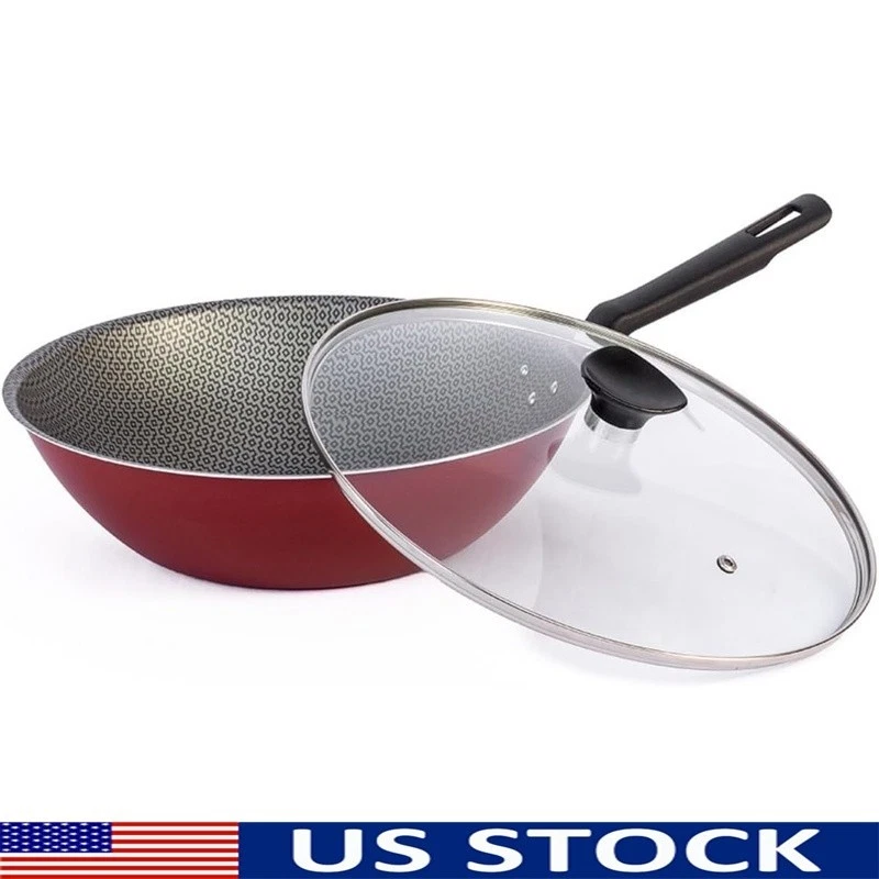 Nonstick Aluminum Wok W/ Glass Lid Dishwasher Safe Heat Resistant Handle New