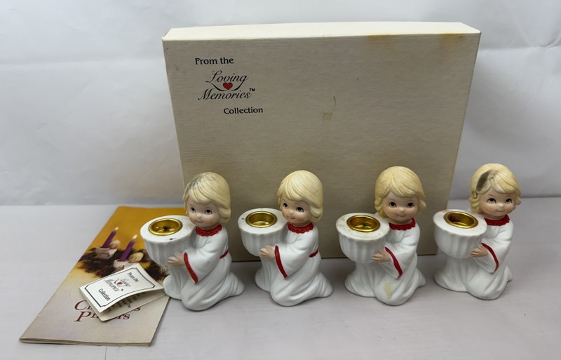 4pcs Loving Memories Bisque Porcelain Angel Candleholder Figurines in Box