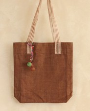 Woven Tote Bag Beaded Tassel Pom Pom Striped Handles Handmade In Vietnam Brown