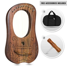 Authentic Lyre Harp -Hand-Carved Brown Wood with Stunning Gold Accents