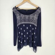 BLEU Navy Gray Medallion Print Short Sleeve Tunic Blouse Fairy Whimsical Small S