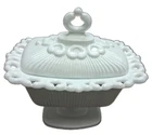 Lace Edge Milk Glass Footed Candy Box w/ Lid by Indiana Glass Rectangular Vtg.