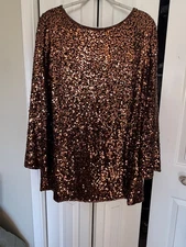 Vtg Black Tie Oleg Cassini Neiman Marcus Sequined Silk Tunic Copper XL Festive