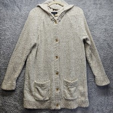 Lands End Womens Beige Chunky Knit Cardigan Size 1X Hooded Oatmeal Mid Length