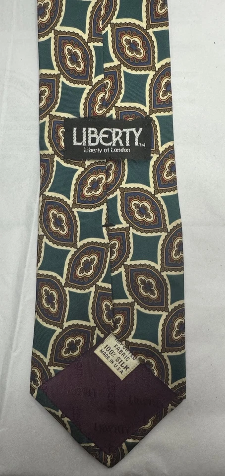 Liberty of London, 100% Silk, Green, Yellow with Geometric Shape Preppy Tie  - Image 3 of 3
