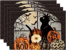 Boo Black Cat Pumpkins Halloween Placemats Set of 4, Trick or Treat 12X18 Inch S