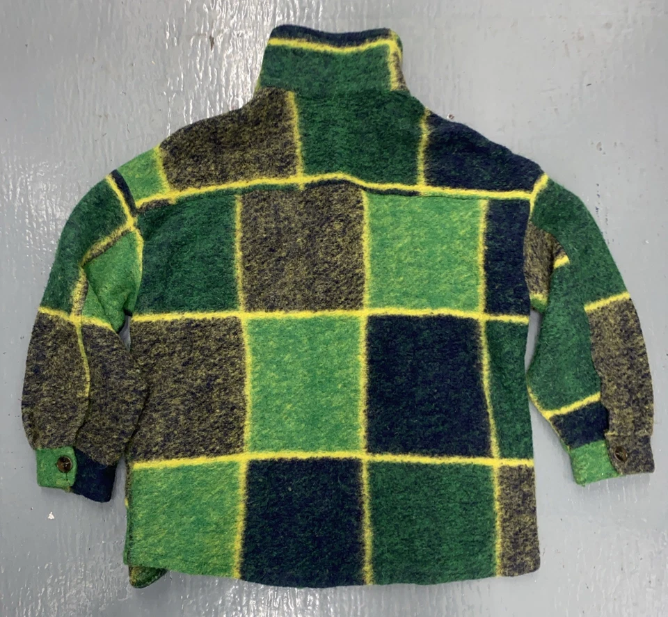 复古绿色和黄色格子羊毛夹克外套纽扣口袋 L 码 — 第 2/4 张图片