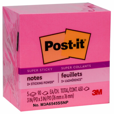 Post-it 654-5SSNP Super Sticky Notes, Neon Pink, 3 x 3'', Pack of 5 Pads