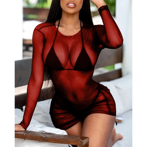 Women Sexy Sheer Mini Dress See-through Lingerie Bikini Beach Cover Up Clubwear - Picture 8 of 16