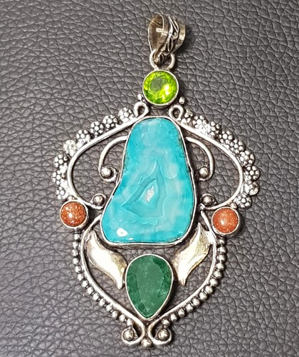 ⭐Extra large mixed gem stone silver plated pendant 19.5g