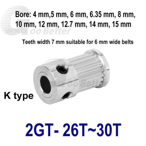 Timing Pulley GT2 K-type Pulleys 26~30T Bore=4mm~15mm for 6 mm Timing Belts - Afbeelding 1 van 8