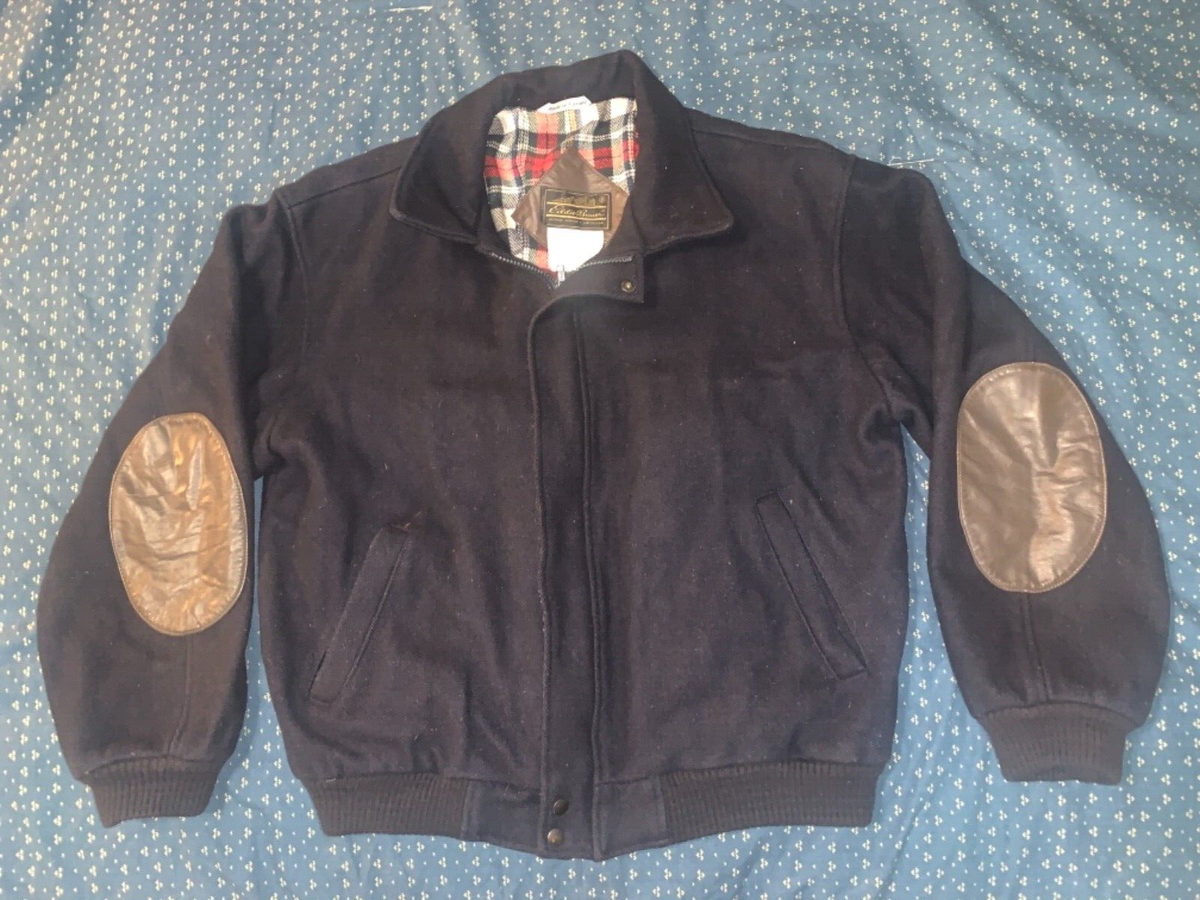Mens VTG Eddie Bauer Wool Bomber Jacket with Leather Elbow Patches