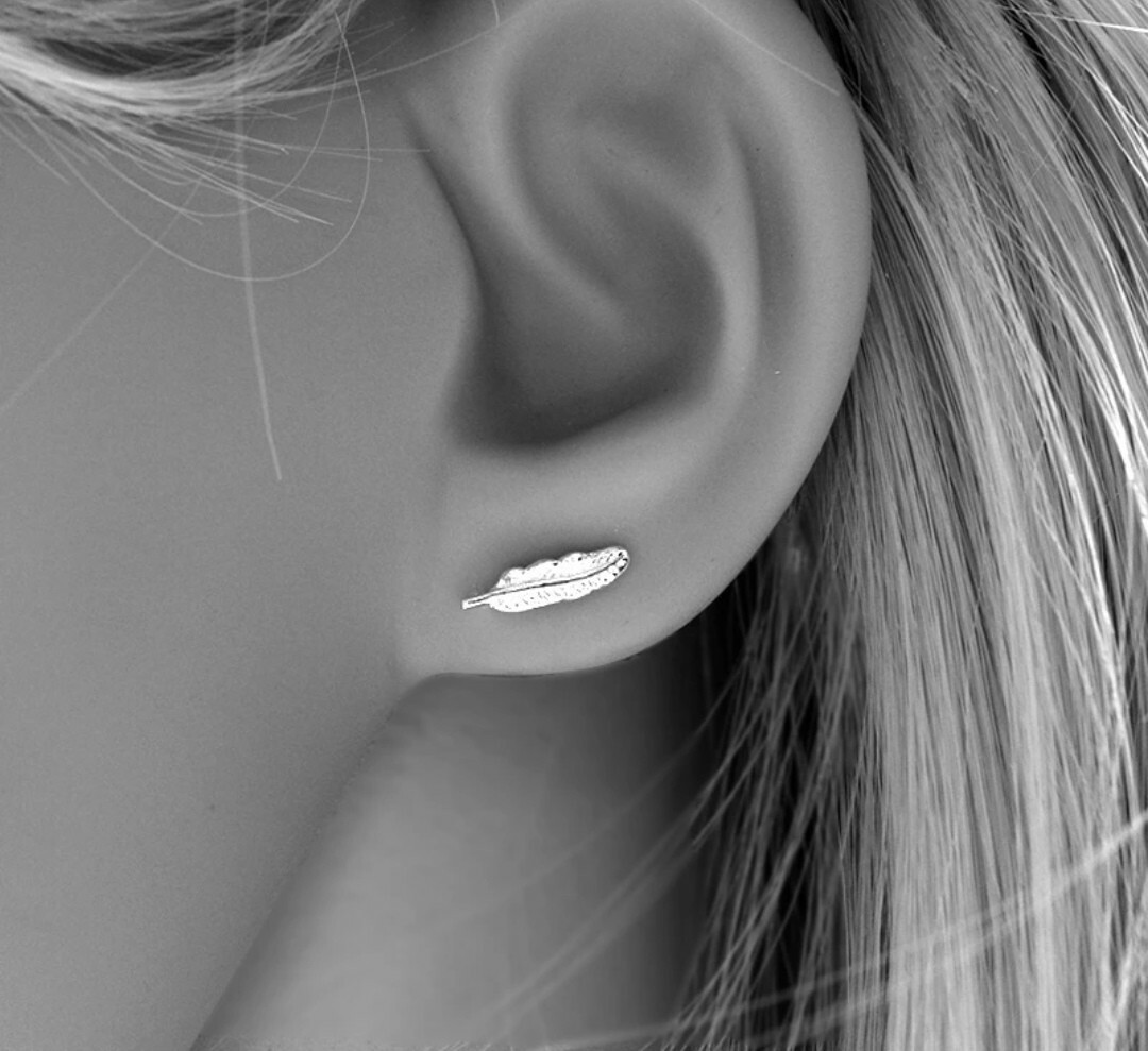 Feather Stud Earrings in 925 Sterling Silver with Gift Bag and Polishing Cloth  -image