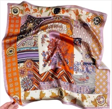 100% Mulberry Silk Square Scarf Women Neckerchief Wrap Pink Orange Flower 68*68