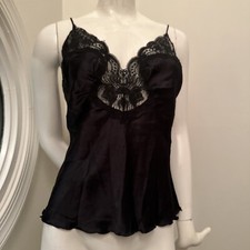 Vintage CAMISOLE SILKY BLACK Trimmed In Lace By OLGA LINGERIE CAMI TOP sz 36