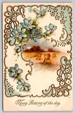 Many Returns of the Day Greeting Card Field Hay Bales Antique Postcard 1910