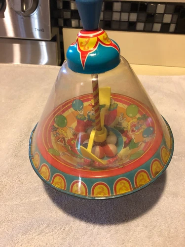 VTG TIN LITHO Ohio Art CLOWN GRAPHICS SPINNING TOP ON BASE Works Great