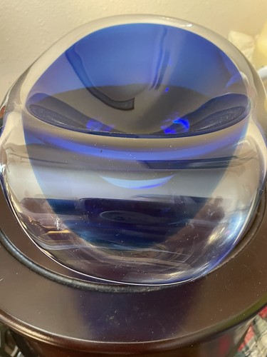 Flygsfors Coquille Glass Bowl Blue & Clear Signed Swedish Mid Century Modern Art - Picture 3 of 11