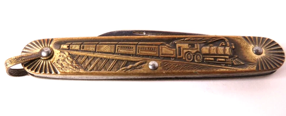 NAVAJA DE BOLSILLO PLEGABLE VINTAGE EE. UU. IMPERIAL LOCOMITIVA TREN DOS HOJAS TONO DORADO Foto 3 de 4