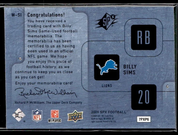 L3,083 - 2009 SPx Winning Materials Blue Dual Swatch #WSI Billy Sims /50 - Image 2 of 2