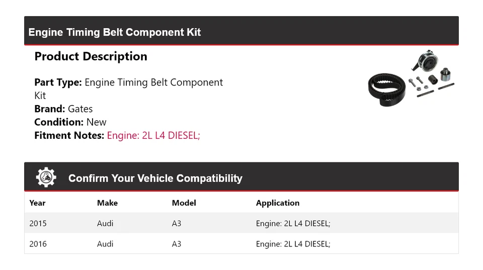 Kit de componentes de correa de distribución de motor diésel para Audi A3 2015-2016 2L L4 puertas Foto 2 de 3