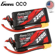 2X Gens Ace G-Tech 60C 7.4V 2200mAh 2S Lipo Battery XT60 For TRA/TRX 1/16 E-Revo