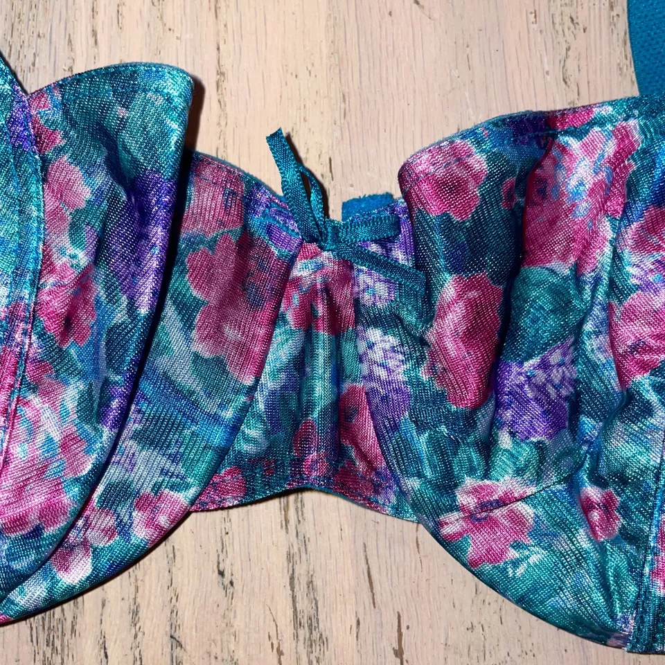 Sujetador De Colección Delicado Con Aros Talla 36B Azul Teal Floral Rosa Sin Forro Doble Correa Foto 4 de 4