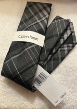  15 Calvin Klein Mens Modern Tie Grey Plaid Silk Blend WAS 69.50 NEW with TAG