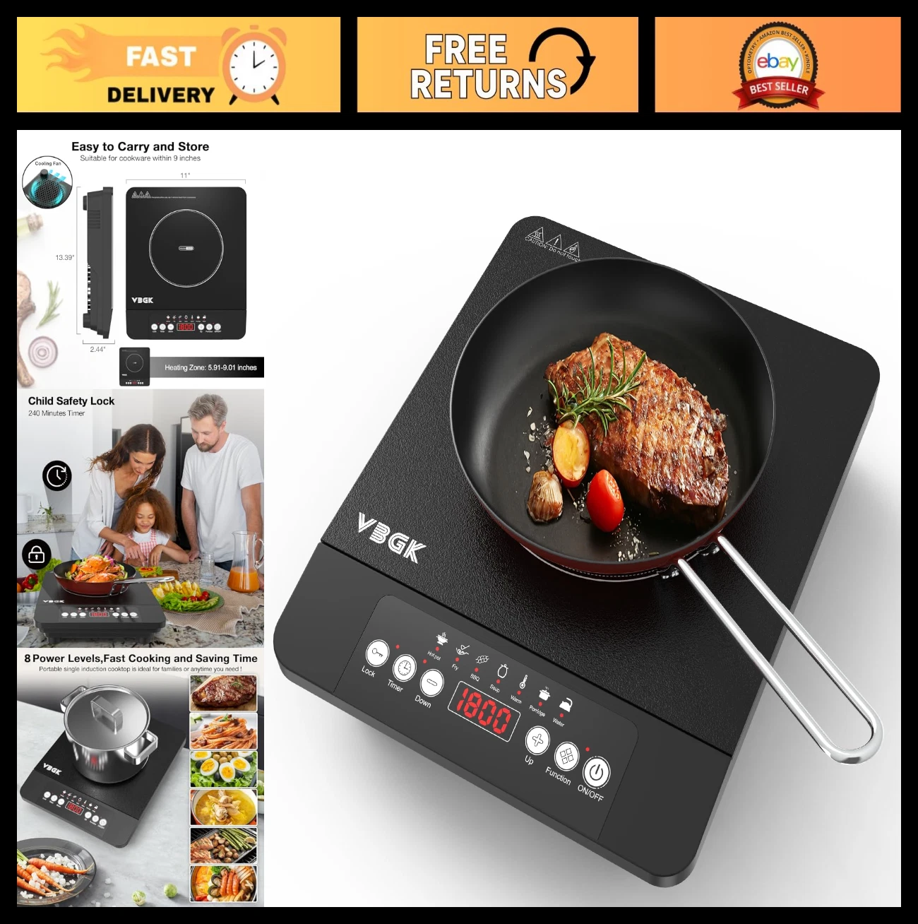 Portable Induction Cooktop 1800W, LCD Touch, 7 Temp Levels, Safety Lock, Timer