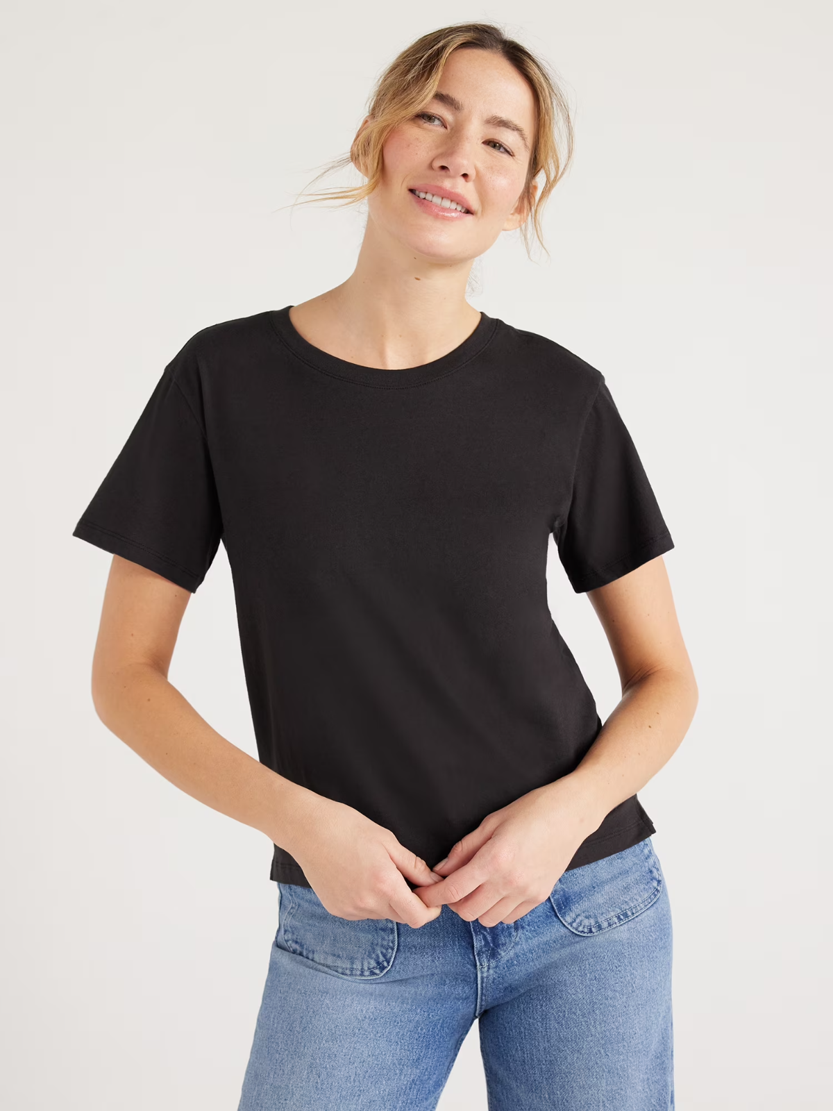 Free Assembly Women's Cotton Cropped Boxy Tee Short Sleeves, Size L Black --A56-